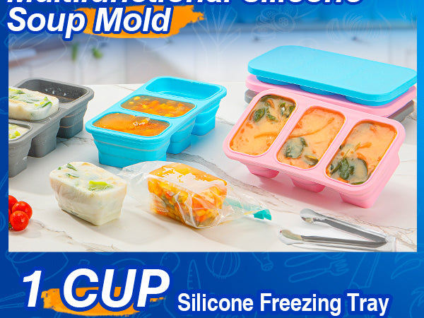 ZDPMK Silicone Freezer Trays With Lid, Leak Proof Stackable 1 Cup Silicone Soup Freezer Mold, 2 Pcs Large Ice Cube Trays, Silicone Freezing Molds for Broth, Sauce Storage, meals, Soup Lovers Gifts Set