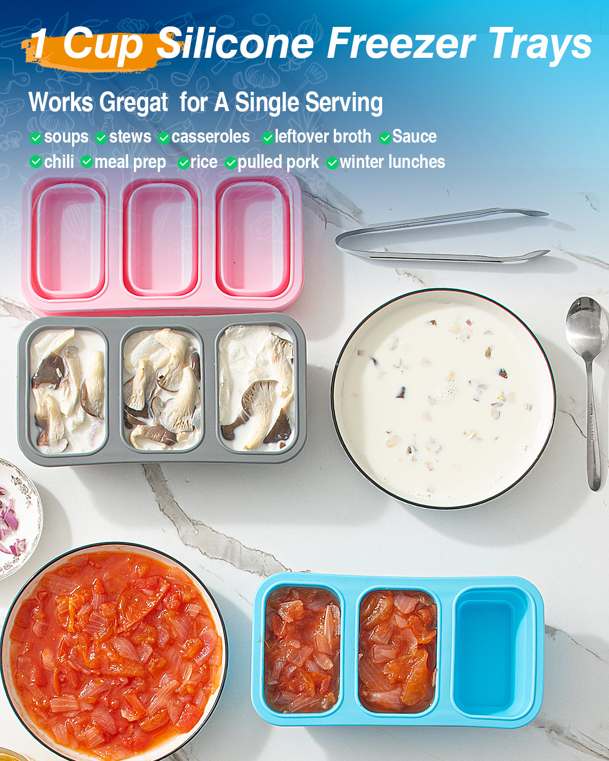 ZDPMK Silicone Freezer Trays With Lid, Leak Proof Stackable 1 Cup Silicone Soup Freezer Mold, 2 Pcs Large Ice Cube Trays, Silicone Freezing Molds for Broth, Sauce Storage, meals, Soup Lovers Gifts Set