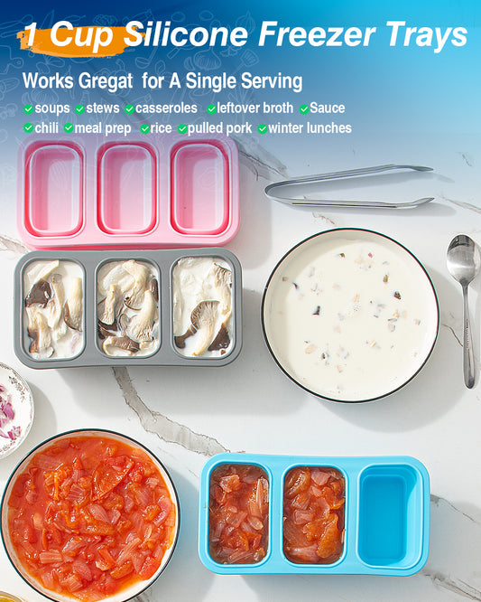 ZDPMK Silicone Freezer Trays With Lid, Leak Proof Stackable 1 Cup Silicone Soup Freezer Mold, 2 Pcs Large Ice Cube Trays, Silicone Freezing Molds for Broth, Sauce Storage, meals, Soup Lovers Gifts Set